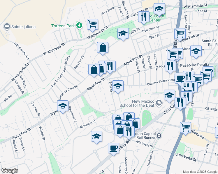 map of restaurants, bars, coffee shops, grocery stores, and more near 610 Baca Street in Santa Fe