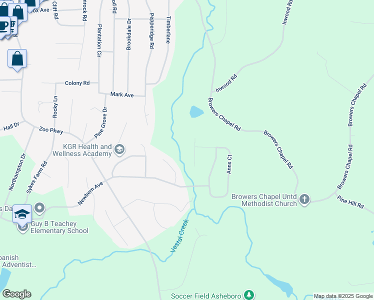 map of restaurants, bars, coffee shops, grocery stores, and more near 712 Stoney Creek Dr in Asheboro