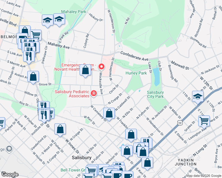 map of restaurants, bars, coffee shops, grocery stores, and more near 721 Grove Street in Salisbury