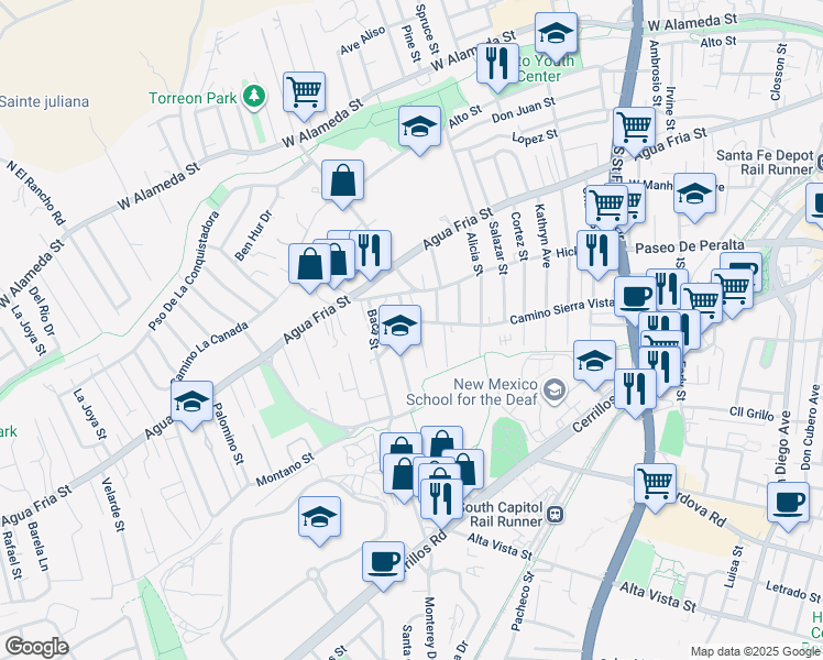 map of restaurants, bars, coffee shops, grocery stores, and more near 1498 Camino Sierra Vista in Santa Fe