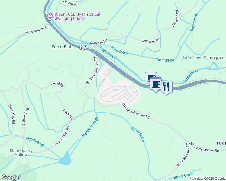 map of restaurants, bars, coffee shops, grocery stores, and more near 295 Old Tuckaleechee Road in Townsend