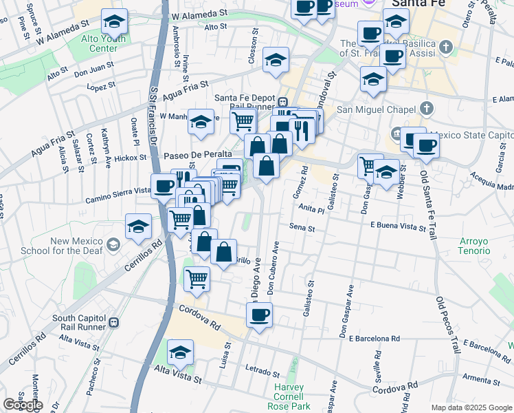 map of restaurants, bars, coffee shops, grocery stores, and more near 736 Don Diego Avenue in Santa Fe