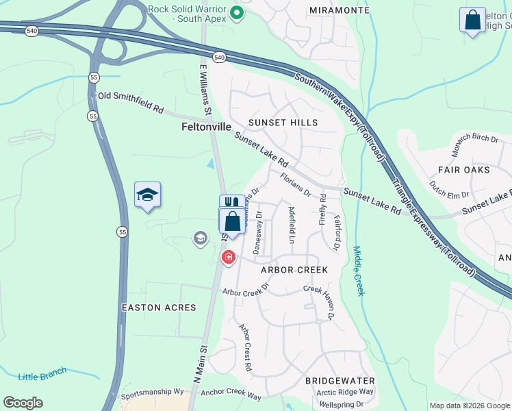 map of restaurants, bars, coffee shops, grocery stores, and more near 412 Commons Drive in Holly Springs