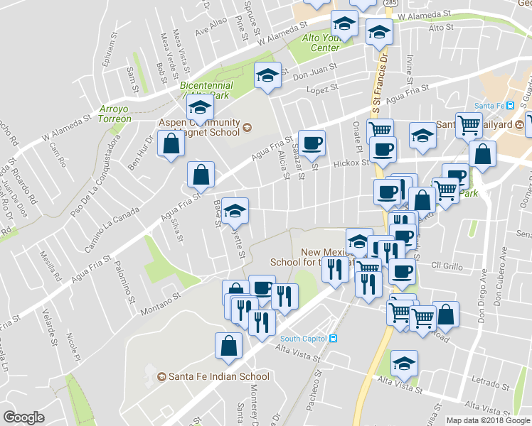 map of restaurants, bars, coffee shops, grocery stores, and more near 1330 Camino Sierra Vista in Santa Fe