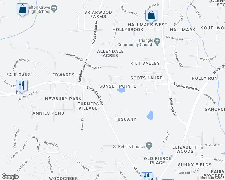 map of restaurants, bars, coffee shops, grocery stores, and more near 213 Sunset Pointe Drive in Apex