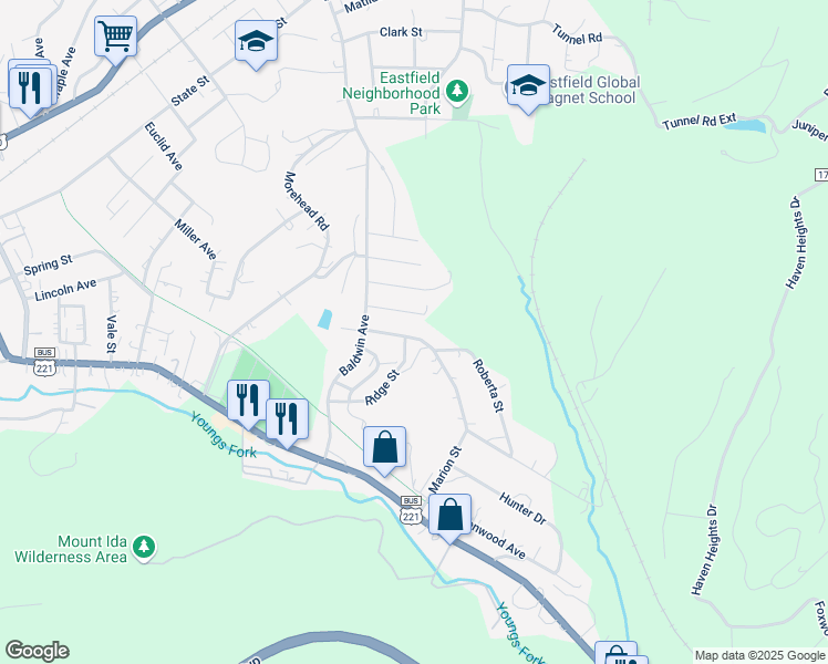 map of restaurants, bars, coffee shops, grocery stores, and more near 101 1st Street in Marion
