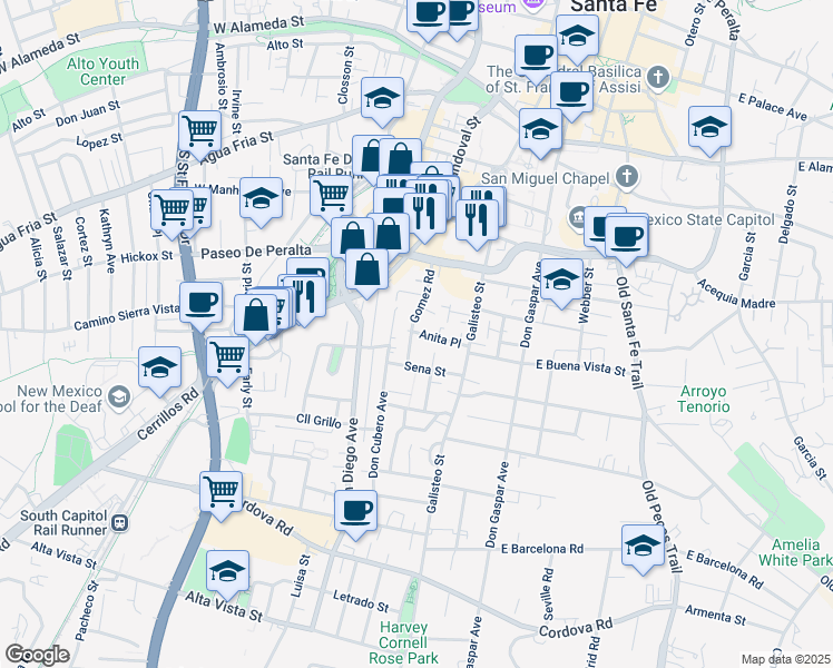 map of restaurants, bars, coffee shops, grocery stores, and more near 739 Gregory Lane in Santa Fe