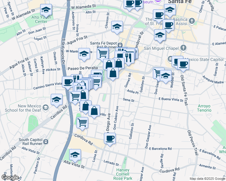 map of restaurants, bars, coffee shops, grocery stores, and more near 736 Don Diego Avenue in Santa Fe