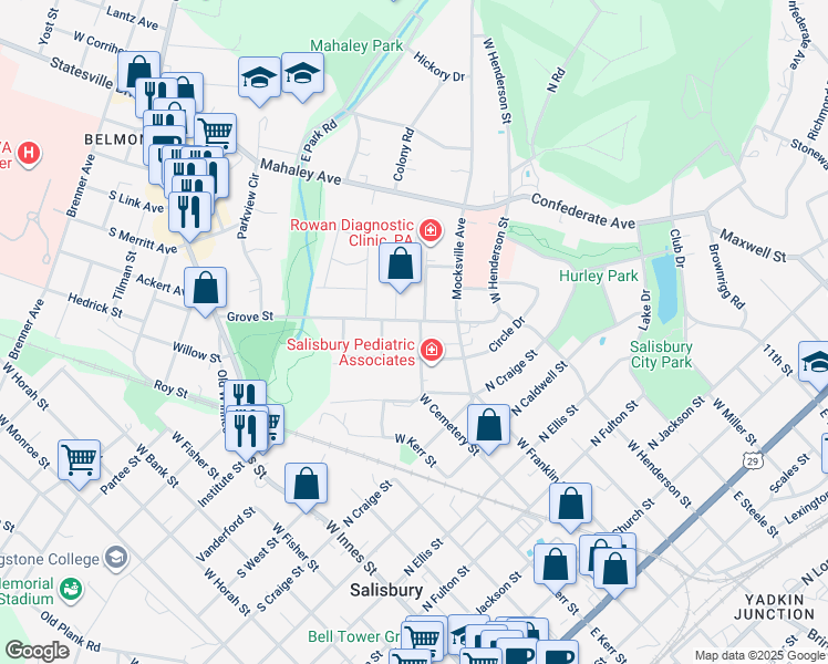map of restaurants, bars, coffee shops, grocery stores, and more near 521 Grove Street in Salisbury