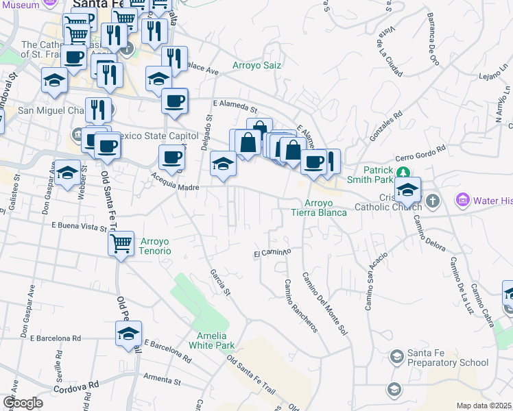 map of restaurants, bars, coffee shops, grocery stores, and more near 406 Sosaya Lane in Santa Fe