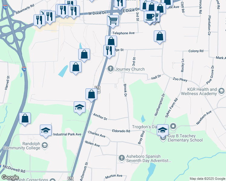 map of restaurants, bars, coffee shops, grocery stores, and more near 1 Steele Street in Asheboro