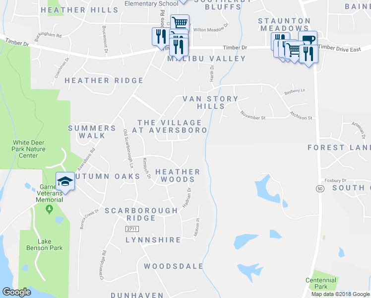 map of restaurants, bars, coffee shops, grocery stores, and more near 131 Mary Kirk Place in Garner