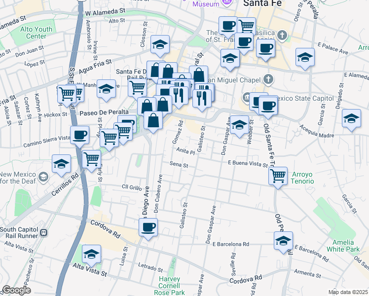map of restaurants, bars, coffee shops, grocery stores, and more near 227 Anita Place in Santa Fe
