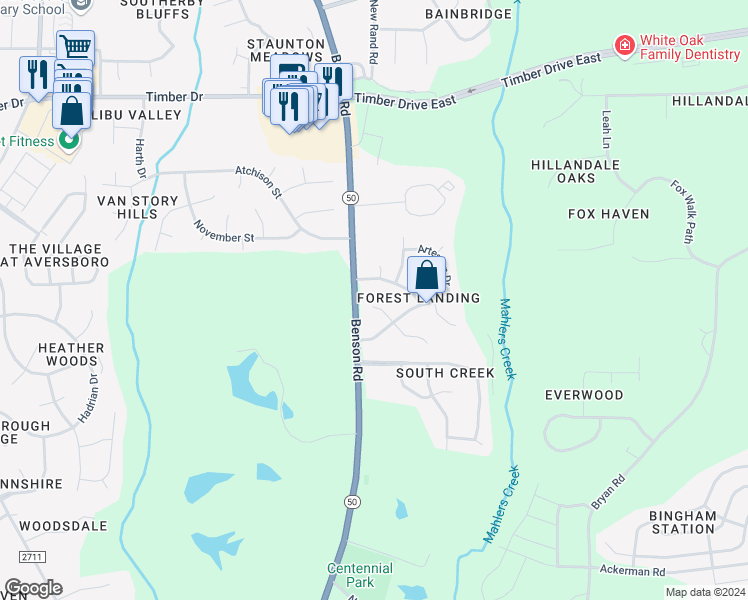 map of restaurants, bars, coffee shops, grocery stores, and more near 108 Bushberry Court in Garner