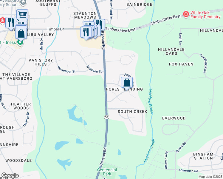 map of restaurants, bars, coffee shops, grocery stores, and more near 108 Bushberry Court in Garner