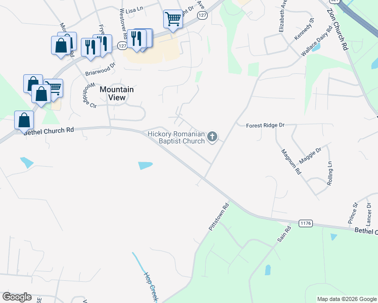 map of restaurants, bars, coffee shops, grocery stores, and more near 5183 Olde School Drive in Hickory