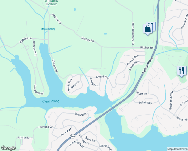map of restaurants, bars, coffee shops, grocery stores, and more near 171 Amohi Way in Loudon