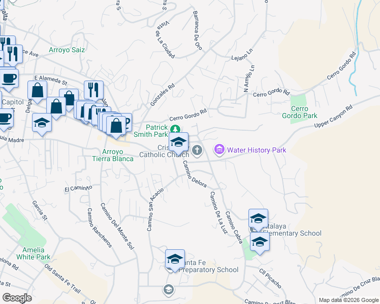 map of restaurants, bars, coffee shops, grocery stores, and more near 1142 Canyon Road in Santa Fe