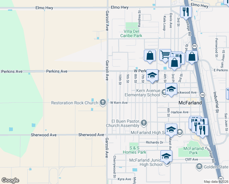 map of restaurants, bars, coffee shops, grocery stores, and more near 463 10th Street in McFarland