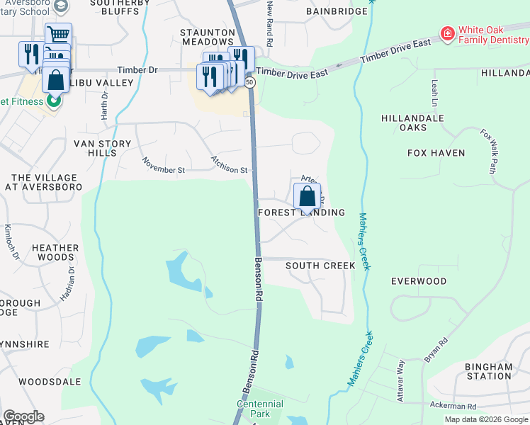 map of restaurants, bars, coffee shops, grocery stores, and more near 109 Bushberry Court in Garner