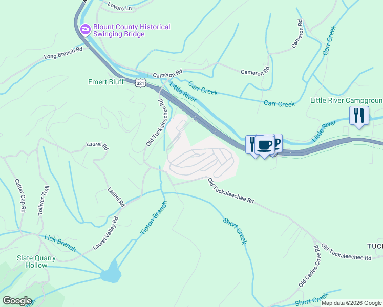 map of restaurants, bars, coffee shops, grocery stores, and more near 295 Old Tuckaleechee Road in Townsend