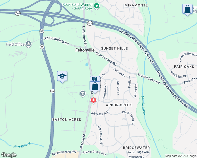 map of restaurants, bars, coffee shops, grocery stores, and more near 412 Commons Drive in Holly Springs