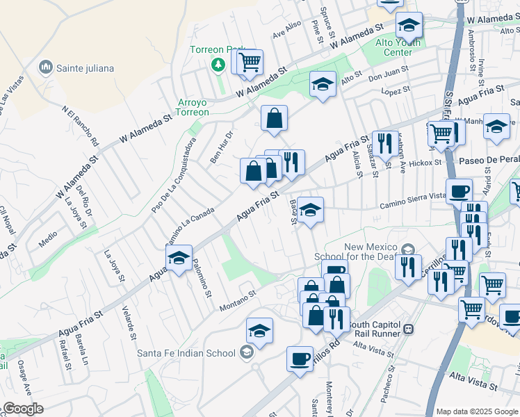 map of restaurants, bars, coffee shops, grocery stores, and more near 1412 Agua Fria Street in Santa Fe