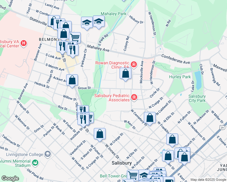 map of restaurants, bars, coffee shops, grocery stores, and more near 411 Grove Street in Salisbury