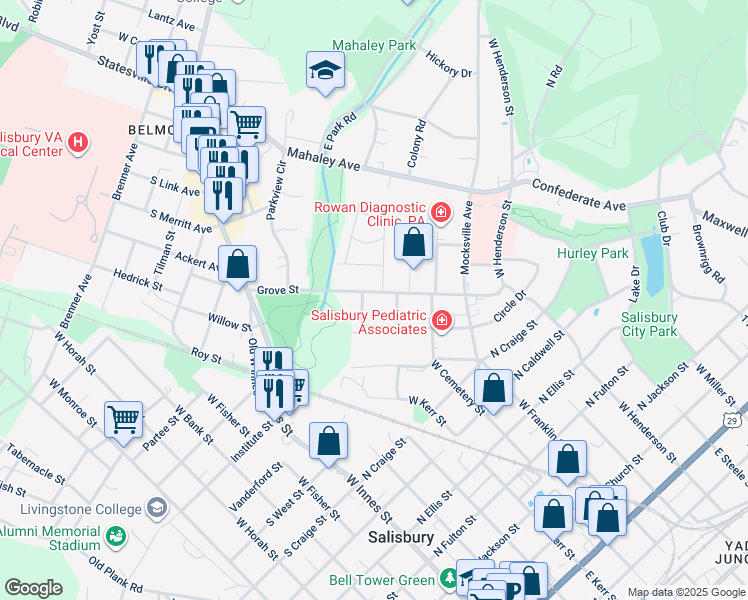 map of restaurants, bars, coffee shops, grocery stores, and more near 411 Grove Street in Salisbury