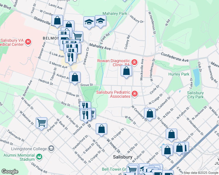 map of restaurants, bars, coffee shops, grocery stores, and more near 357 Grove Street in Salisbury