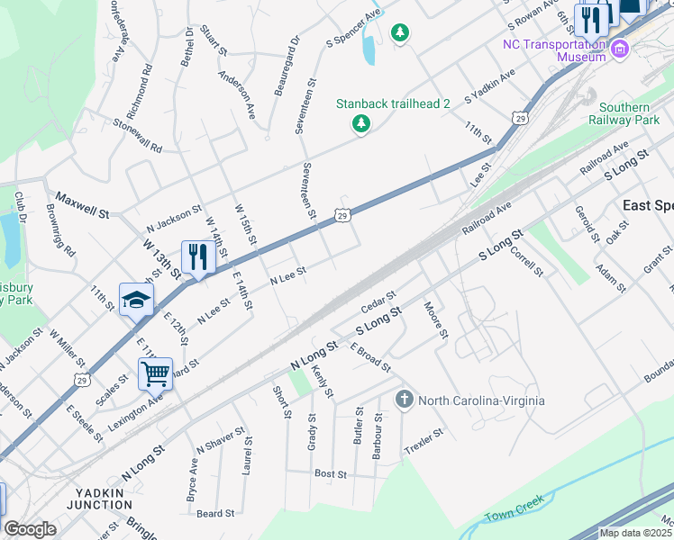 map of restaurants, bars, coffee shops, grocery stores, and more near 215 East 17th Street in Spencer