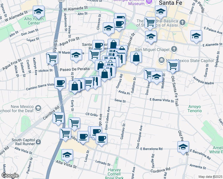 map of restaurants, bars, coffee shops, grocery stores, and more near 739 Gregory Lane in Santa Fe