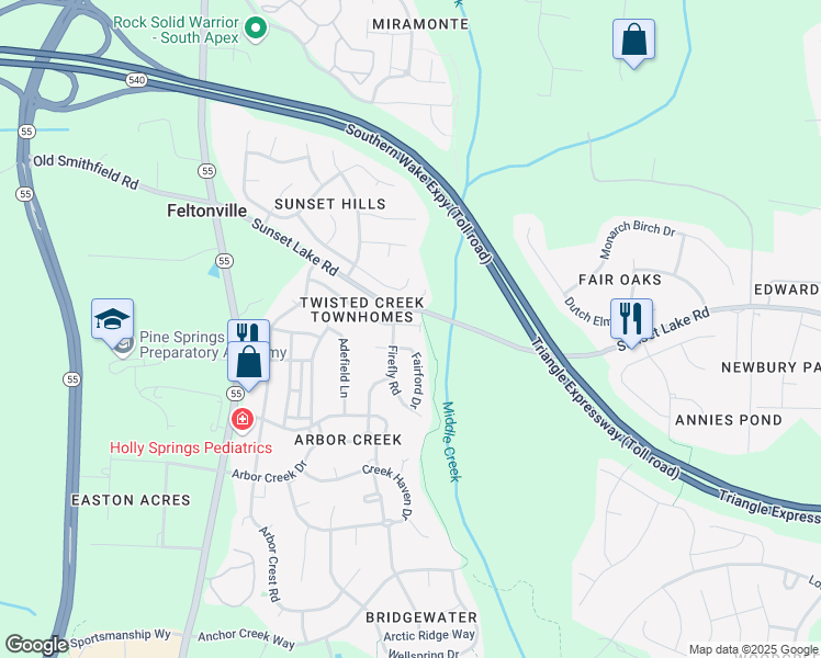map of restaurants, bars, coffee shops, grocery stores, and more near 156 Fairford Drive in Holly Springs