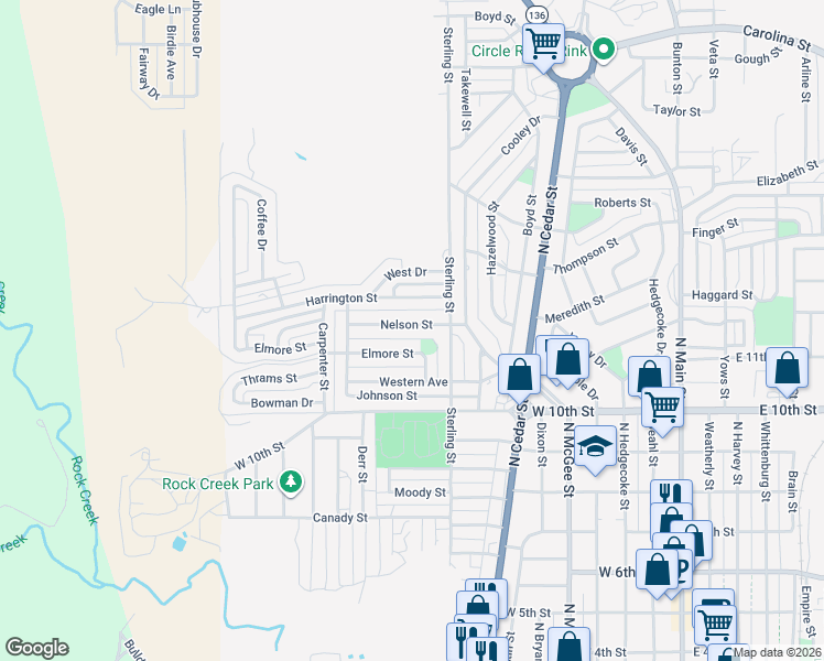 map of restaurants, bars, coffee shops, grocery stores, and more near 900-938 Elmore St in Borger
