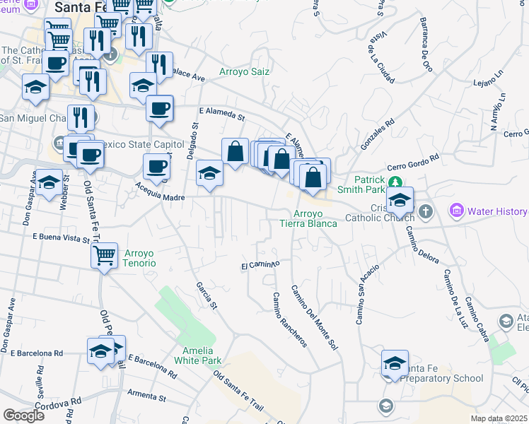 map of restaurants, bars, coffee shops, grocery stores, and more near 774 Acequia Madre in Santa Fe
