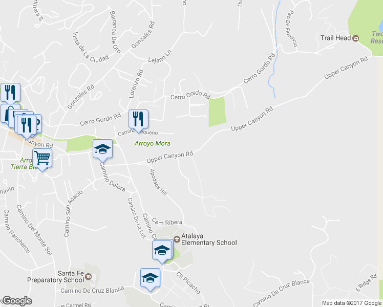 map of restaurants, bars, coffee shops, grocery stores, and more near 1300 Upper Canyon Road in Santa Fe