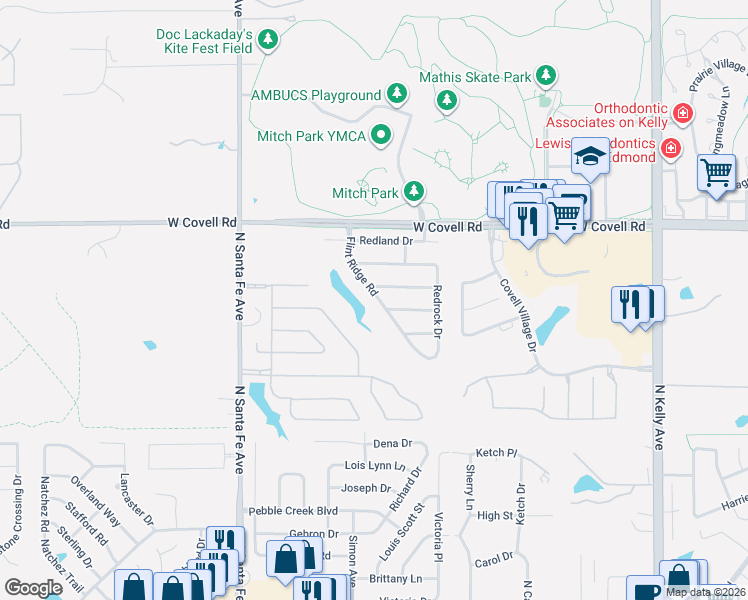 map of restaurants, bars, coffee shops, grocery stores, and more near 2417 Flint Ridge Rd in Edmond