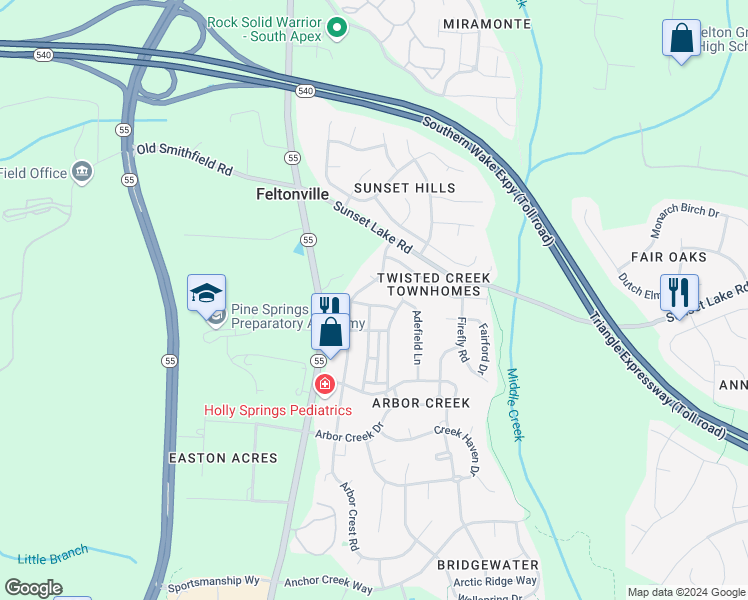 map of restaurants, bars, coffee shops, grocery stores, and more near 201 Hazelmere Drive in Holly Springs