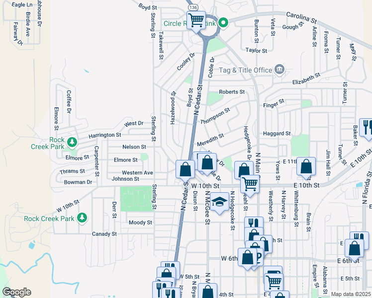 map of restaurants, bars, coffee shops, grocery stores, and more near North Cedar Street in Borger