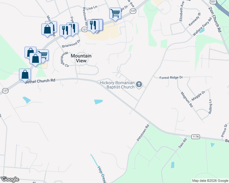 map of restaurants, bars, coffee shops, grocery stores, and more near 5273-5355 Bethel Church Road in Hickory