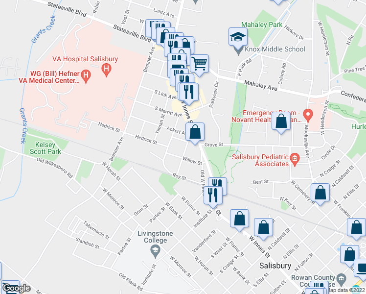 map of restaurants, bars, coffee shops, grocery stores, and more near 1419 Filbert Street in Salisbury