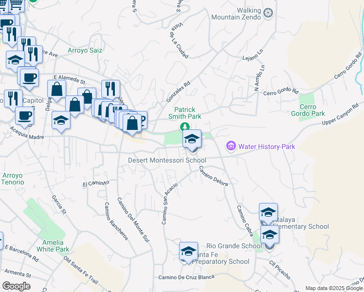 map of restaurants, bars, coffee shops, grocery stores, and more near 305 Camino Cerrito in Santa Fe