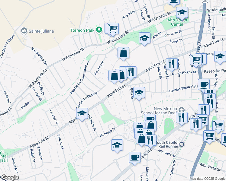 map of restaurants, bars, coffee shops, grocery stores, and more near 1423 Agua Fria Street in Santa Fe