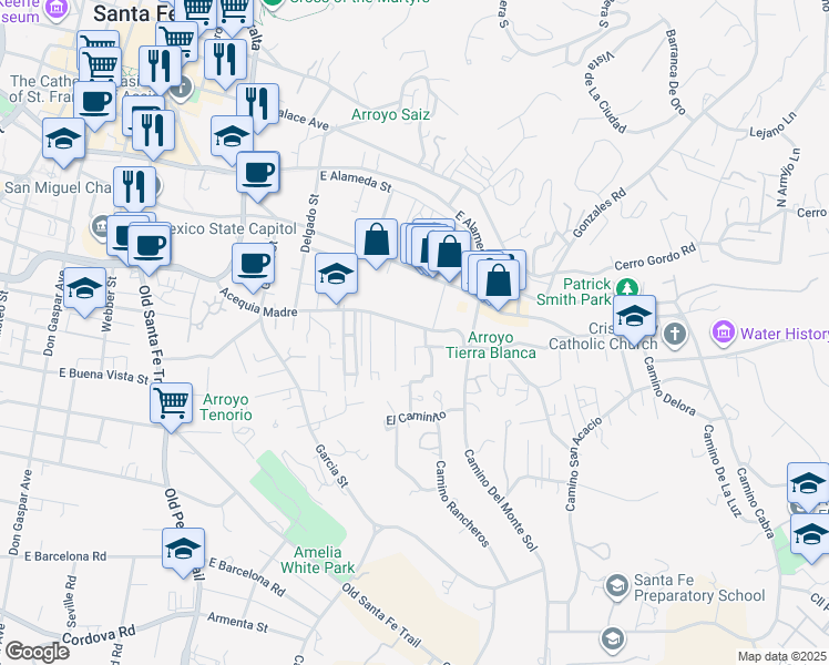 map of restaurants, bars, coffee shops, grocery stores, and more near 770 Acequia Madre in Santa Fe