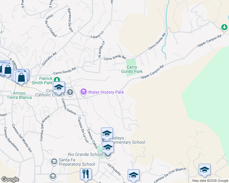 map of restaurants, bars, coffee shops, grocery stores, and more near 1300 Upper Canyon Road in Santa Fe