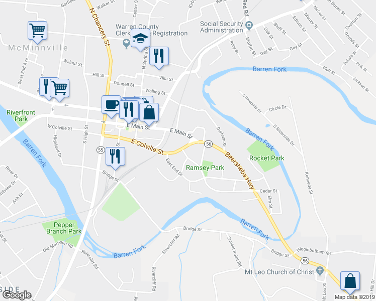 map of restaurants, bars, coffee shops, grocery stores, and more near 501 East Main Street in McMinnville