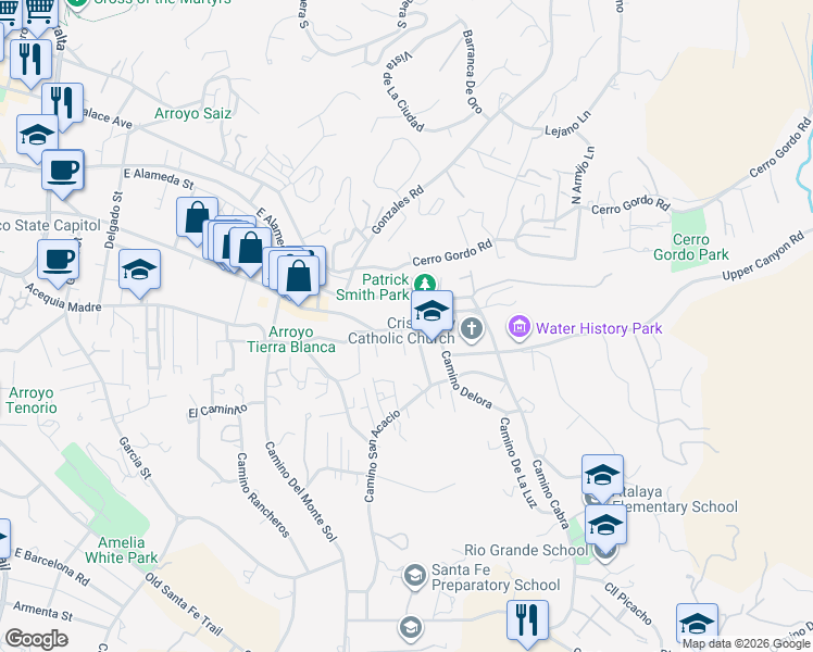 map of restaurants, bars, coffee shops, grocery stores, and more near 305 Camino Cerrito in Santa Fe