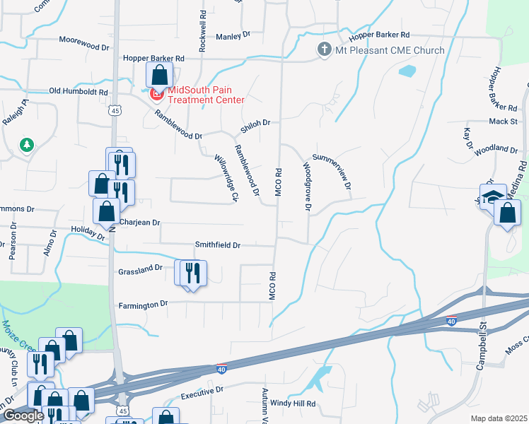 map of restaurants, bars, coffee shops, grocery stores, and more near 302 Ramblewood Drive in Jackson
