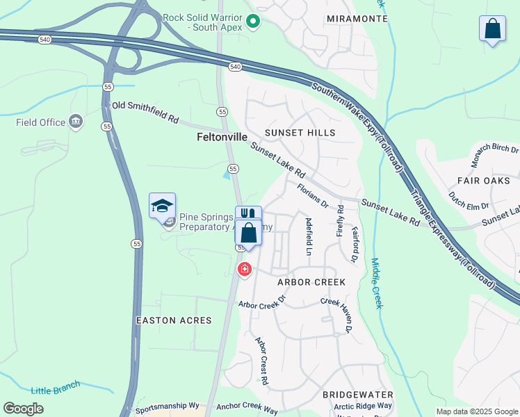 map of restaurants, bars, coffee shops, grocery stores, and more near 501 Commons Drive in Holly Springs