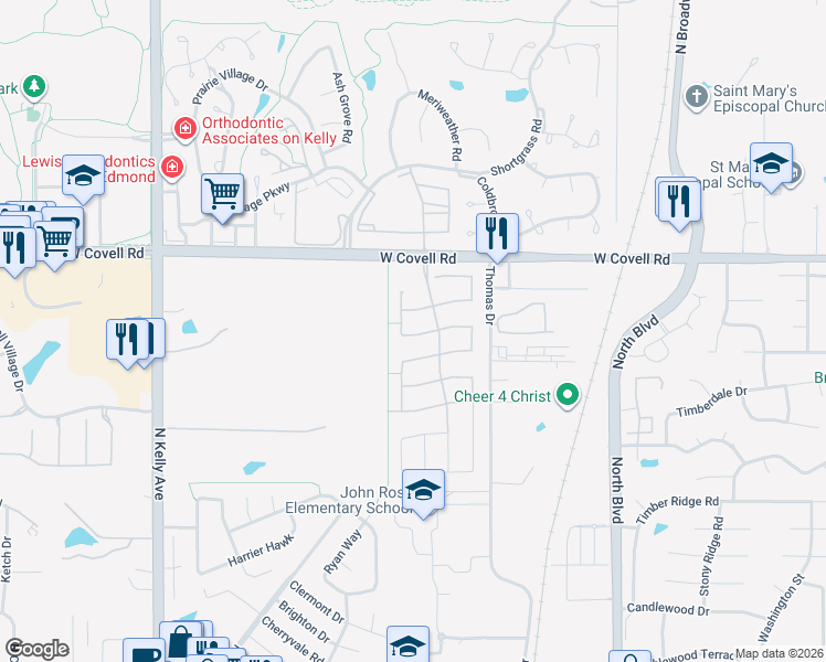 map of restaurants, bars, coffee shops, grocery stores, and more near 445 Butterfield Trail in Edmond